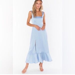Show Me Your Mumu Claire Formal Midi Dress Steele Blue Luxe Satin, Plus Size, 1X